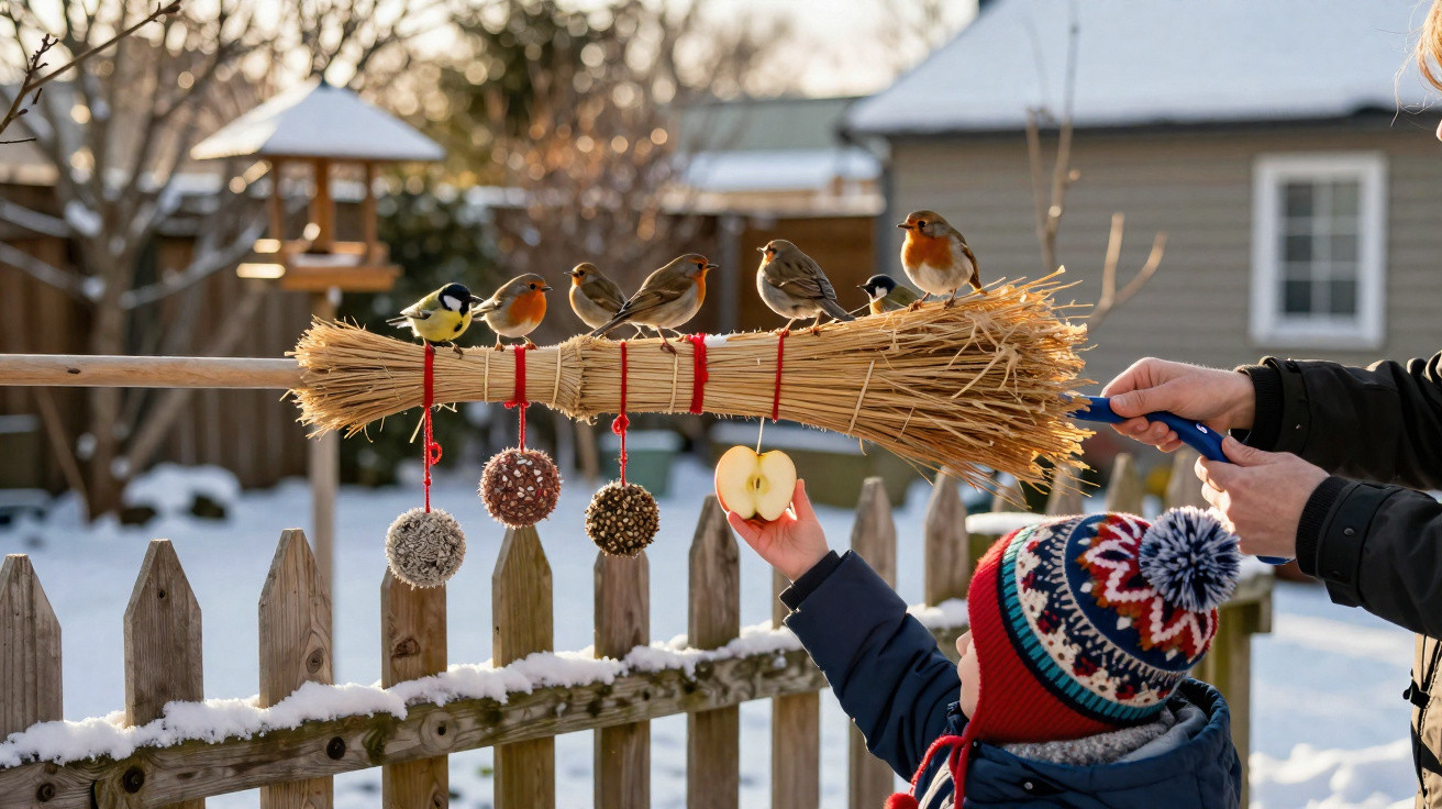 Vogelbesuch auf einem mit Vogelfutter geschmückten Strohbesen im Winter, Kind hält Apfelstück.