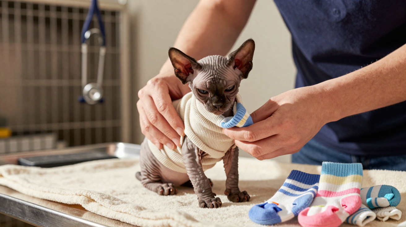 Sphynx-Katze mit Pullover wird von Tierarzt angezogen, bunte Socken liegen auf Untersuchungstisch bereit.