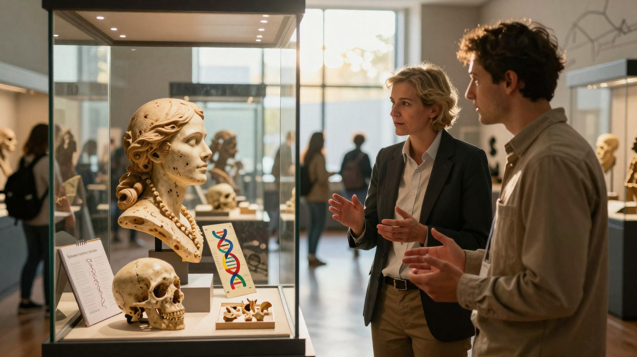 Zwei Personen diskutieren vor einer Museumsvitrine mit antiken Skulpturen, Schädel und DNA-Modell.