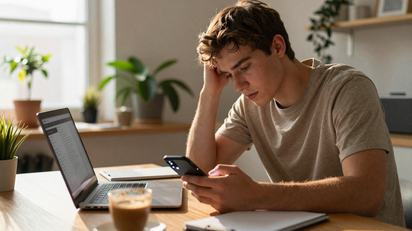 Junger Mann sitzt am Tisch, schaut nachdenklich aufs Smartphone, Laptop und Notizblock vor sich.
