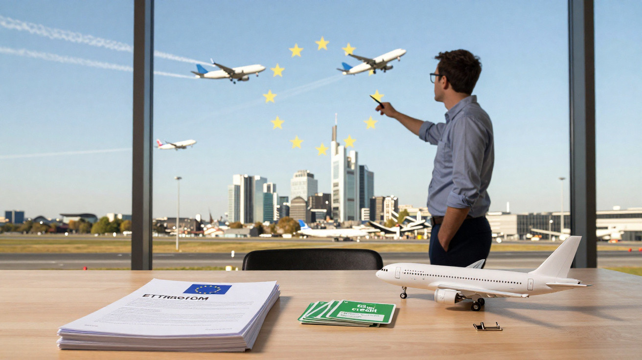 Mann vor großer Fensterfront zeigt auf startende Flugzeuge, Modellflugzeug und Dokumente auf Tisch sichtbar.