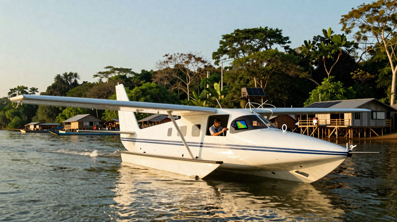 Weißes Amphibienflugzeug auf ruhigem Wasser vor Ufer mit Häusern und Bäumen bei Sonnenschein.