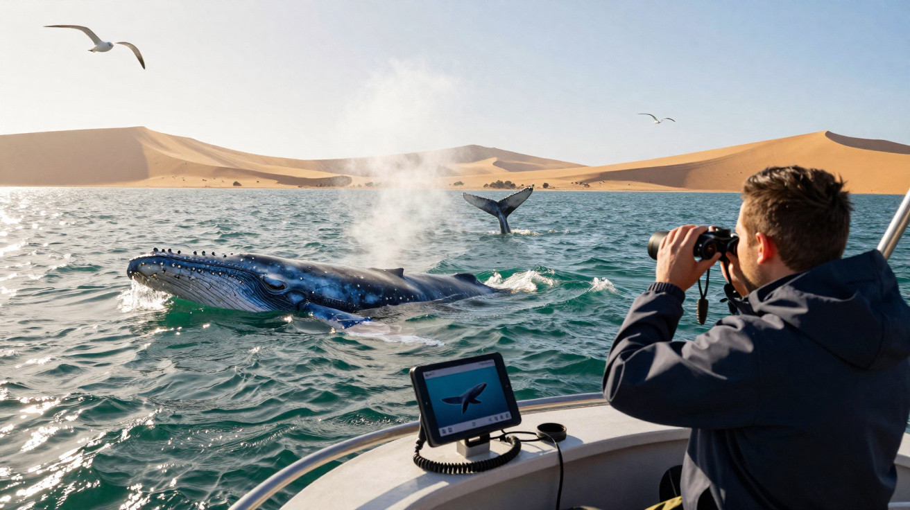 Mann beobachtet mit Fernglas einen Blauwalsprung aus dem Wasser vor Sanddünen vom Boot aus.