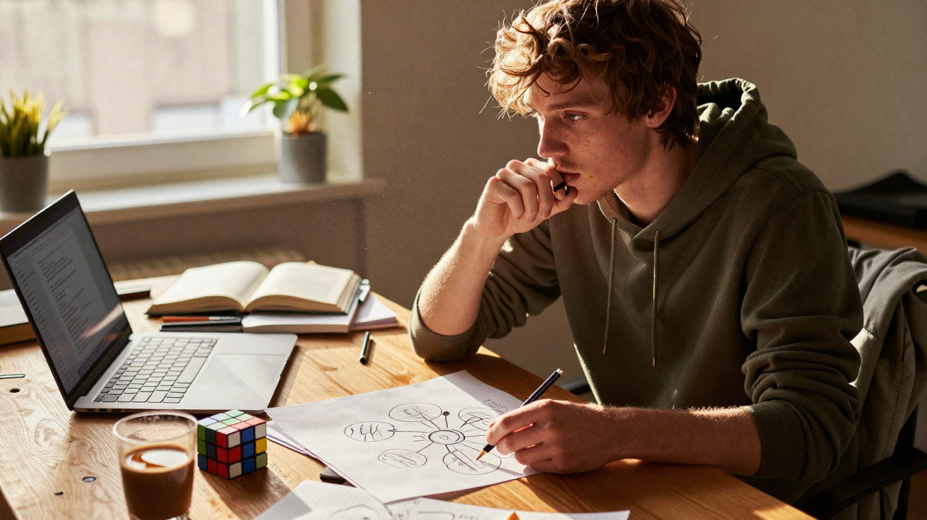 Junger Mann arbeitet nachdenklich an Mindmap mit Laptop, Buch und Kaffee an einem Holztisch bei Tageslicht.