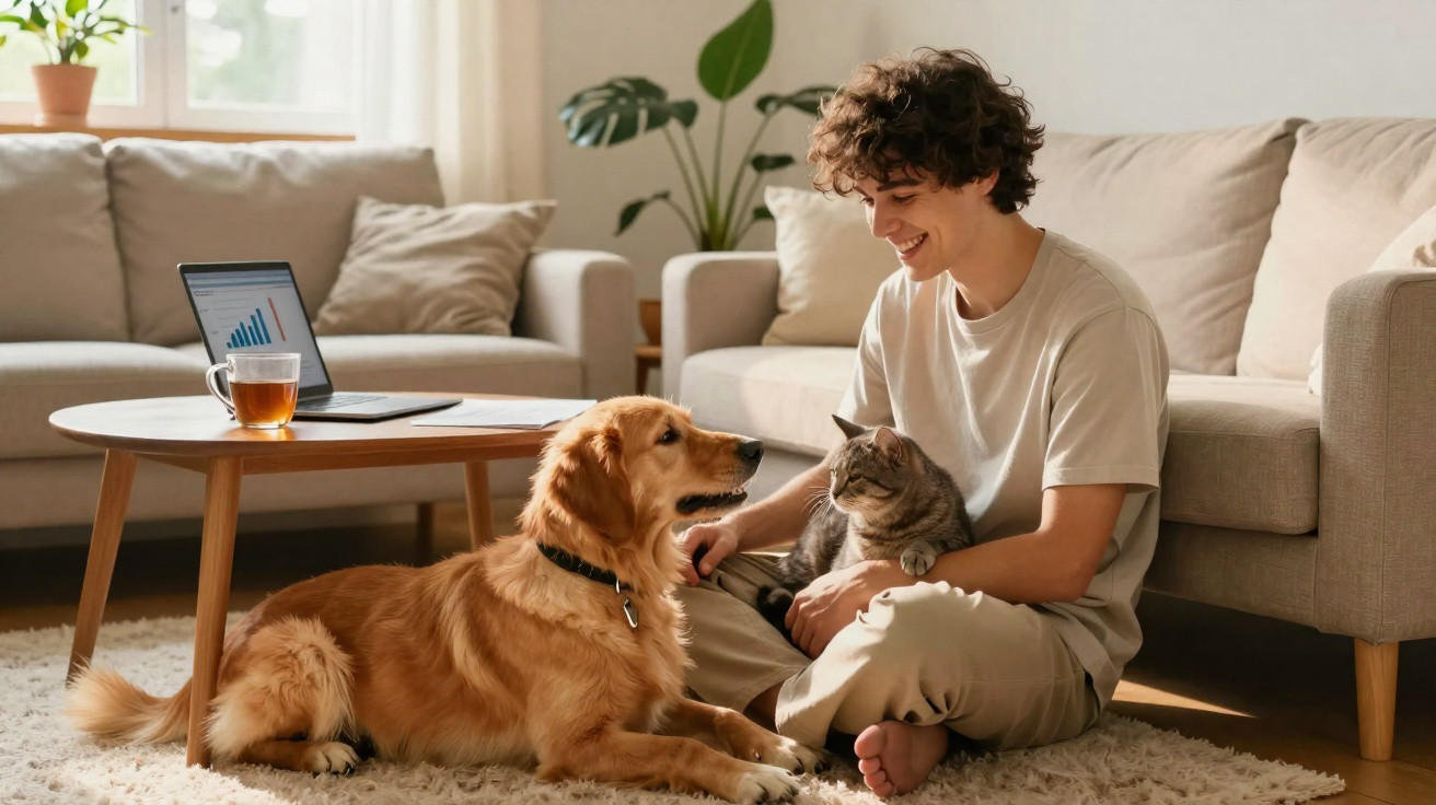 Junger Mann sitzt im Wohnzimmer mit Hund und Katze auf dem Teppich, Laptop auf dem Tisch im Hintergrund.