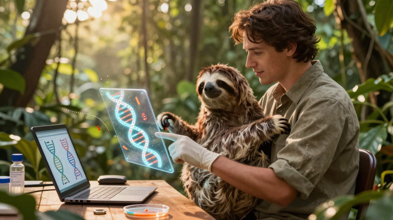 Ein junger Mann hält ein Faultier und untersucht DNA-Informationen auf einem transparenten digitalen Display im Wald.