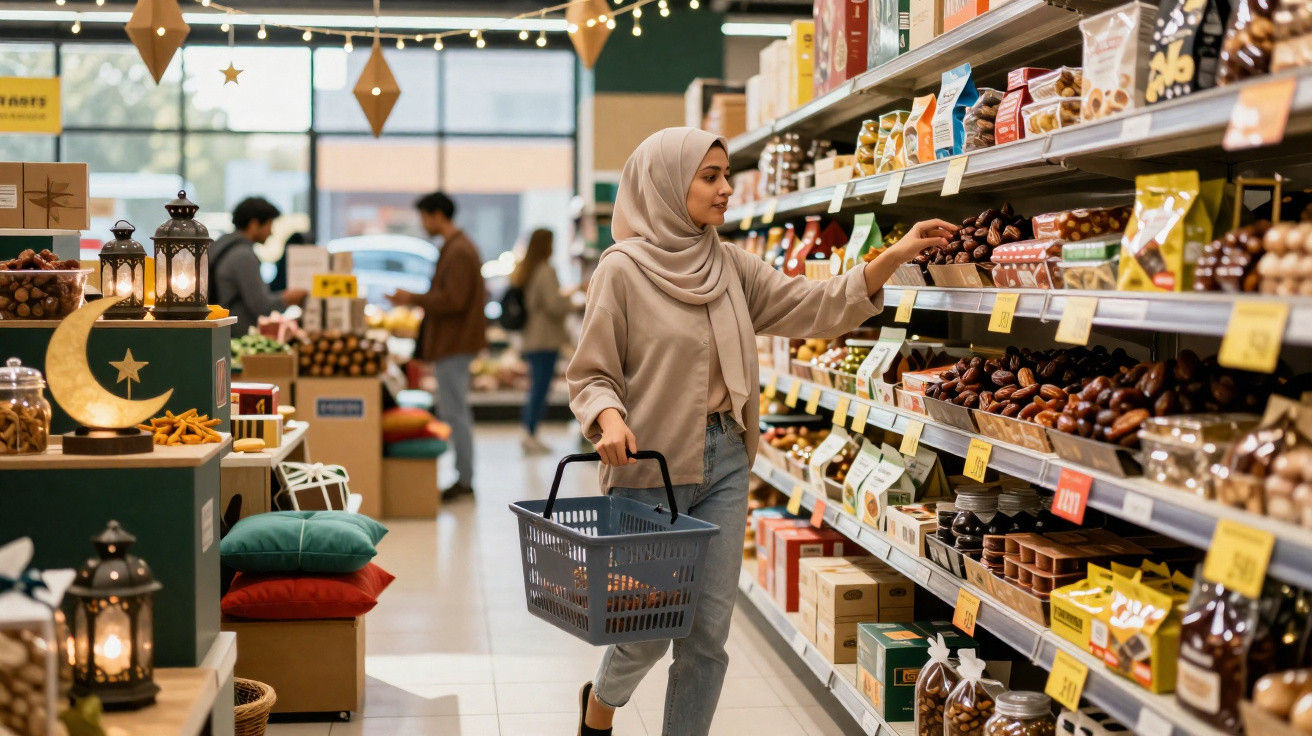 Frau mit Hijab beim Einkaufen in einem Laden mit Süßigkeiten und Datteln während Ramadan-Dekoration.