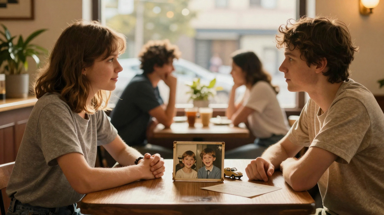 Zwei junge Menschen sitzen sich in einem Café gegenüber, ein gerahmtes Kinderfoto steht auf dem Tisch.