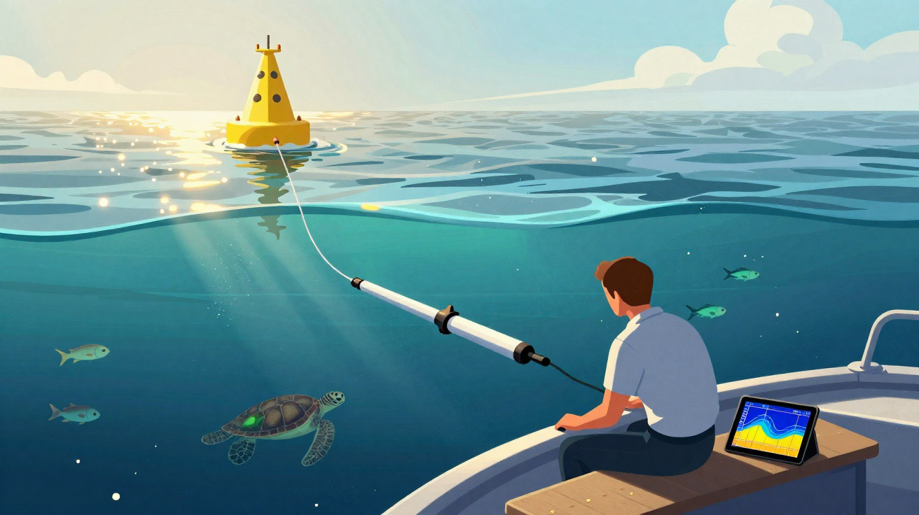 Mann auf Boot misst mit Gerät unter Wasser Meerestiefe, Schildkröte und Fische im klaren Wasser sichtbar.