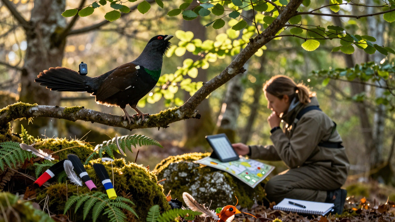 Auerhahn mit Sender auf dem Ast, daneben Frau mit Tablet und Feldnotizen im Wald sitzend.