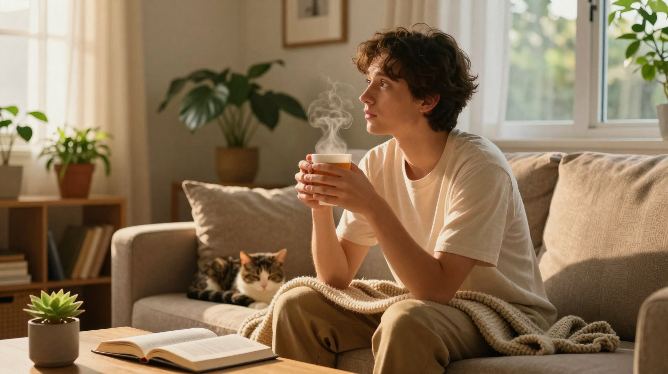 Junge sitzt auf Sofa mit Tasse heißen Getränks, Katze liegt daneben, gemütliche Atmosphäre im Wohnzimmer.