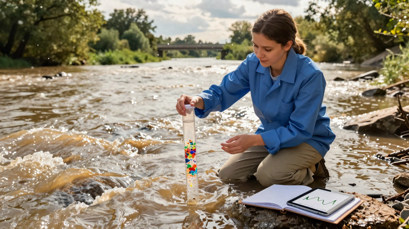 Frau kniet im Fluss und entnimmt Wasserprobe mit Messzylinder, daneben Notizbuch und Tablet mit Diagramm.