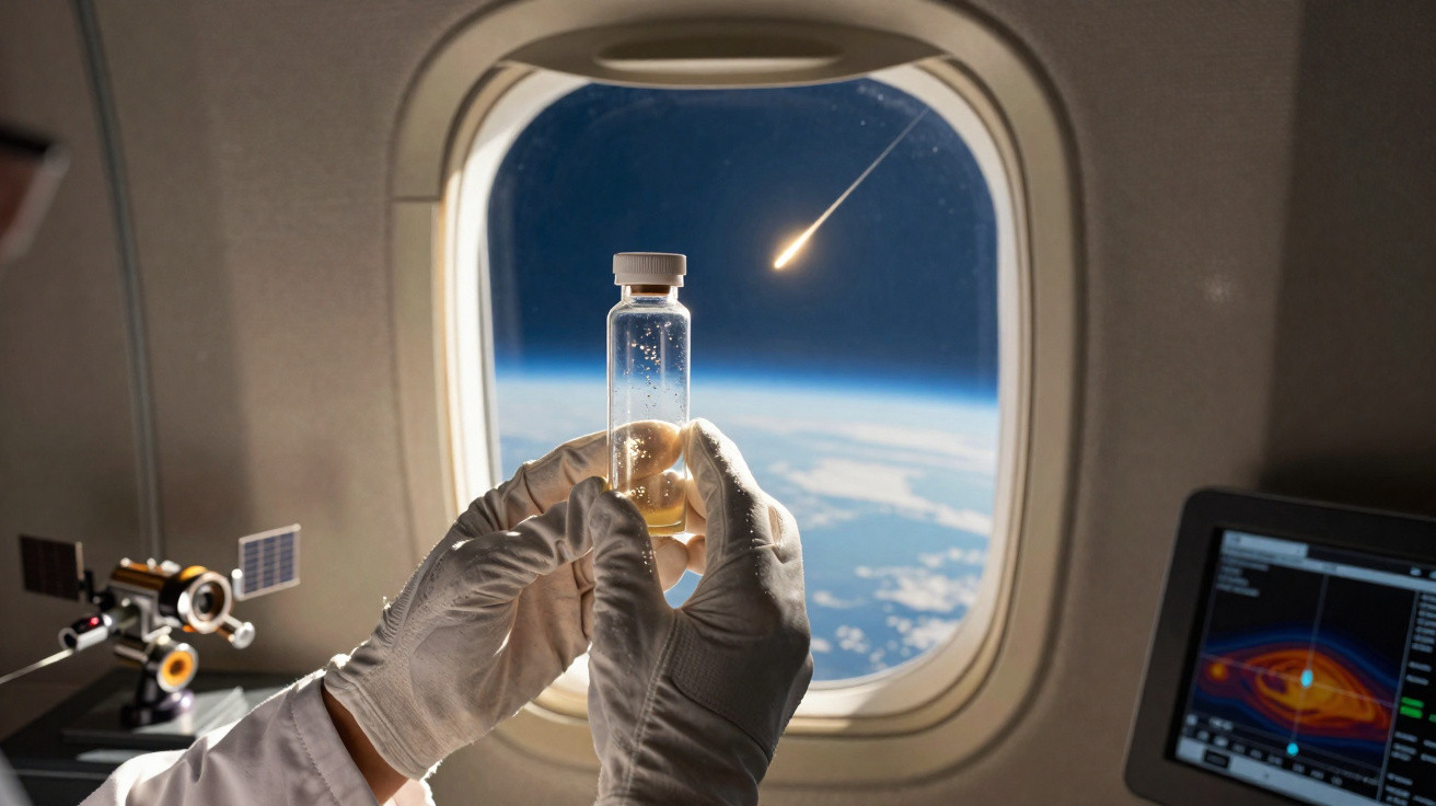 Hände mit Handschuhen halten eine Flasche vor einem Flugzeugfenster mit Blick auf Erde und Meteorit am Himmel.