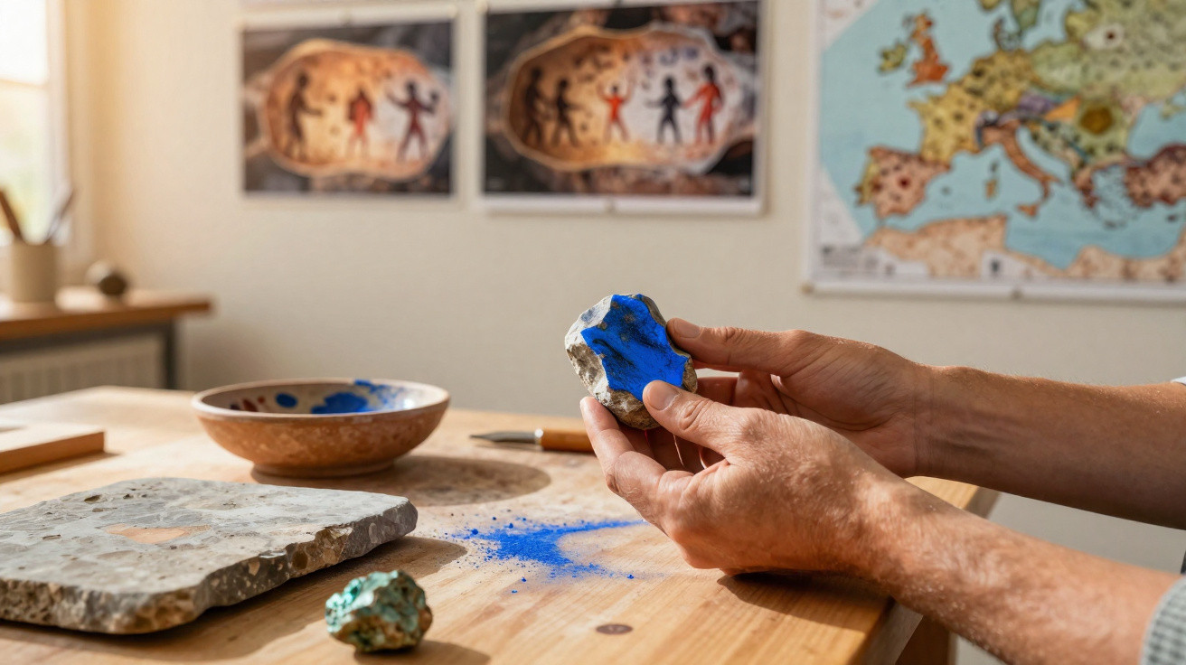 Person hält Stein mit blauer Farbe, im Hintergrund Archäologie-Bilder und Europakarte an Wand