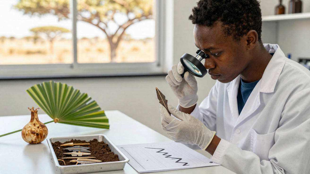 Wissenschaftler untersucht Fossil mit Lupe im Labor neben ausgegrabenen Fundstücken und Dokumenten.