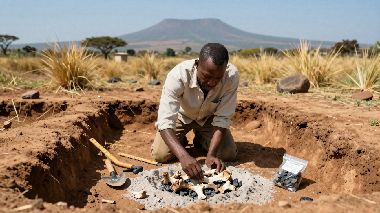 Mann untersucht archäologische Fundstücke in ausgegrabener Erdgrube mit Werkzeugen vor Berglandschaft.