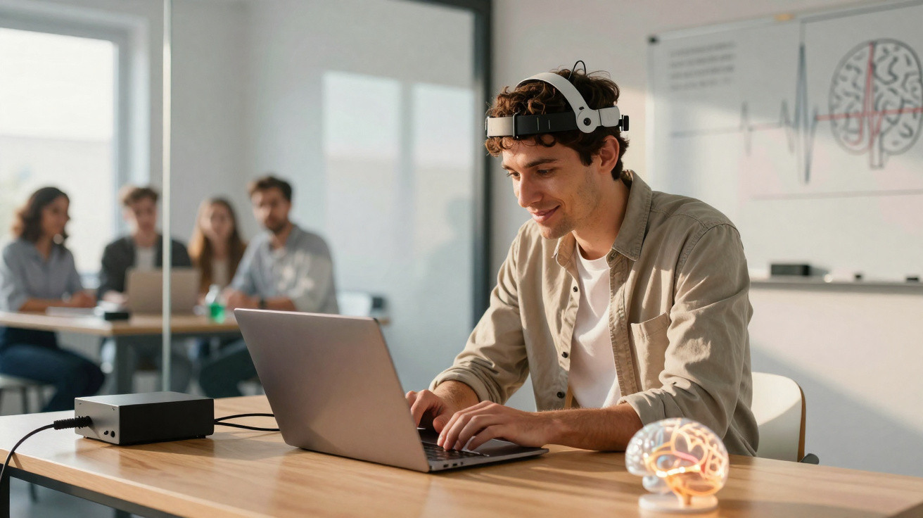 Junger Mann mit EEG-Headset arbeitet an Laptop, im Hintergrund sitzen drei Personen an einem Tisch.