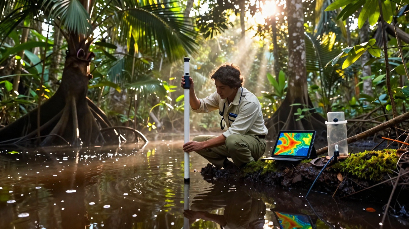 Forschende im dichten Wald misst Wasserqualität in einem Fluss mit technischer Ausrüstung bei Sonnenlicht.