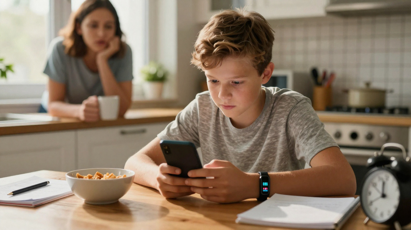 Junge sitzt am Küchentisch mit Handy, neben ihm Notizen und eine Schüssel Müsli, Frau im Hintergrund mit Tasse.