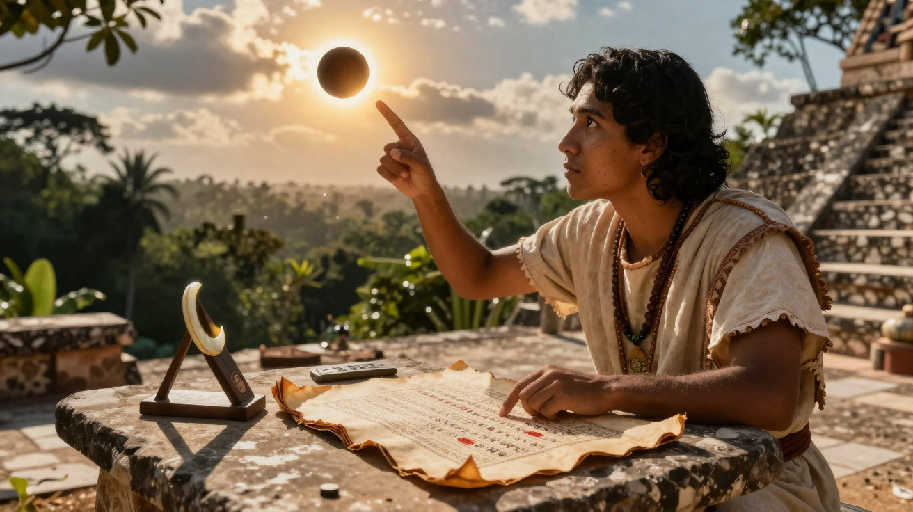 Junger Mann in antiker Kleidung zeigt auf eine Sonnenfinsternis, sitzt an einem Tisch mit altem Pergament.