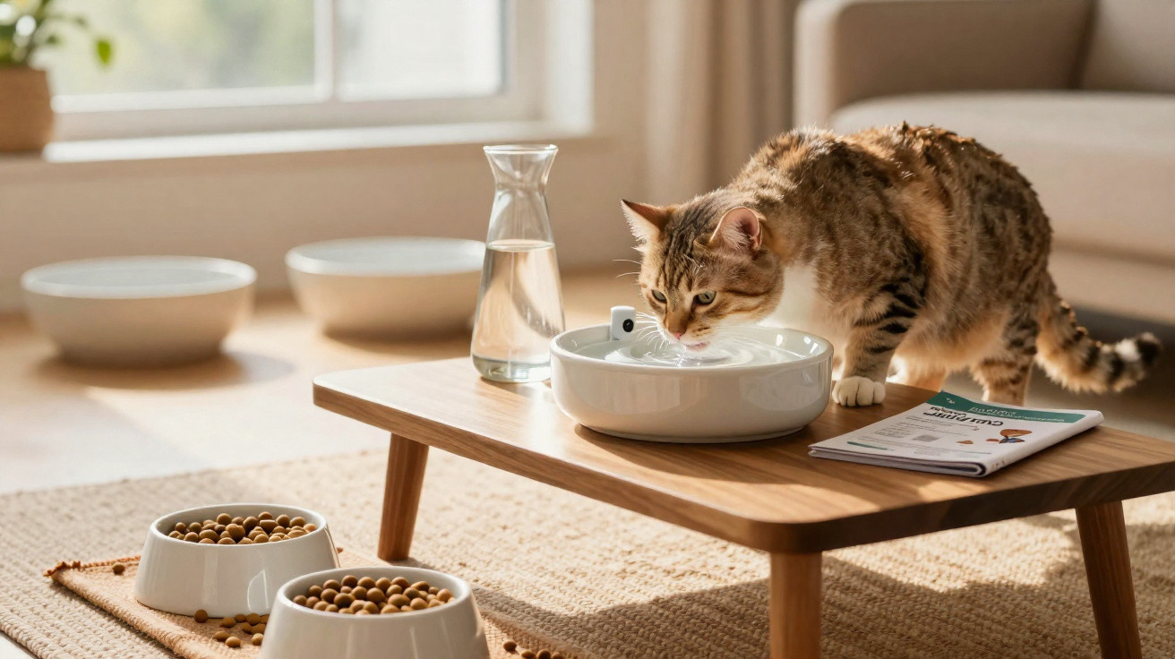 Katze trinkt Wasser aus einem Napf auf einem niedrigen Holztisch im Wohnzimmer.