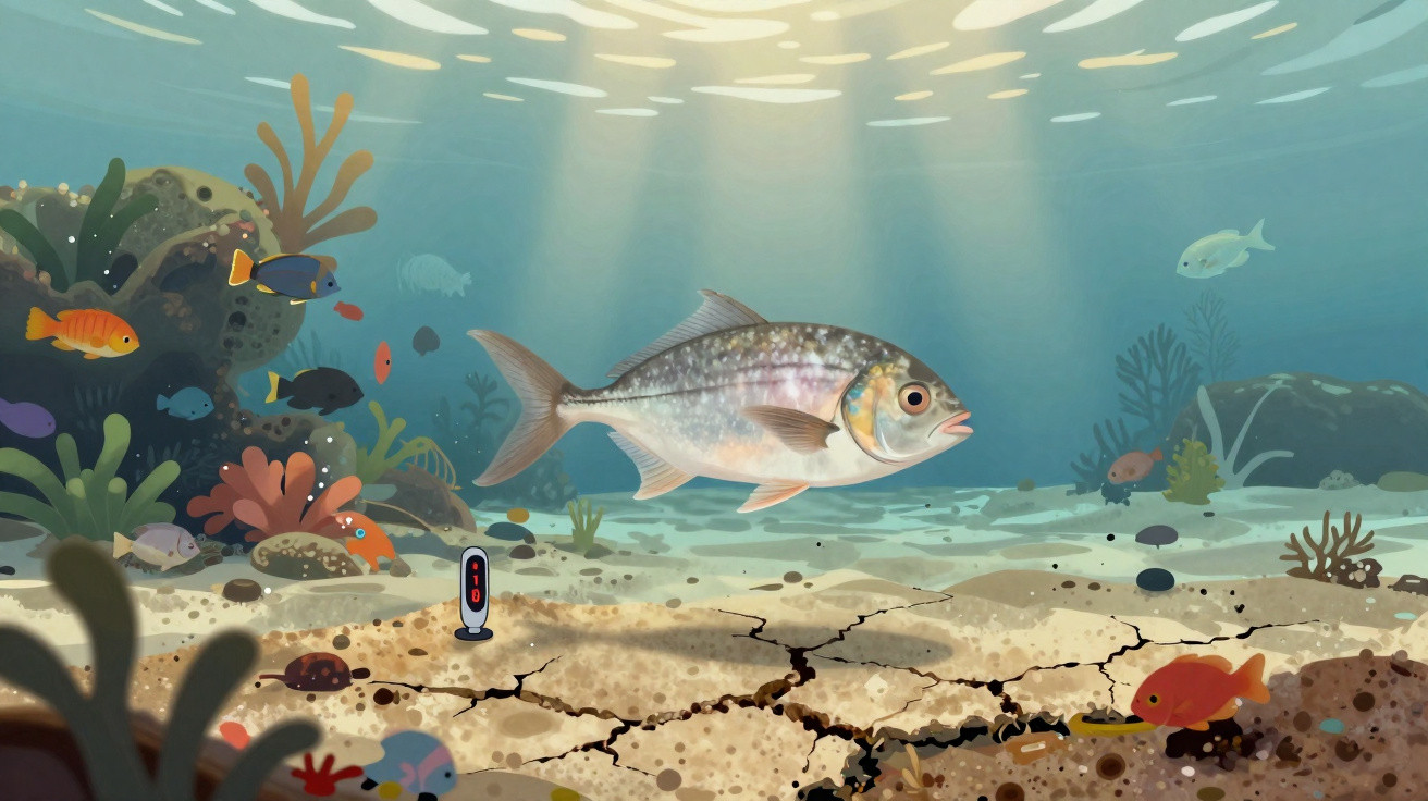 Unterwasserlandschaft mit verschiedenen Fischen und trockenen, rissigen Bodenstellen am Meeresgrund.