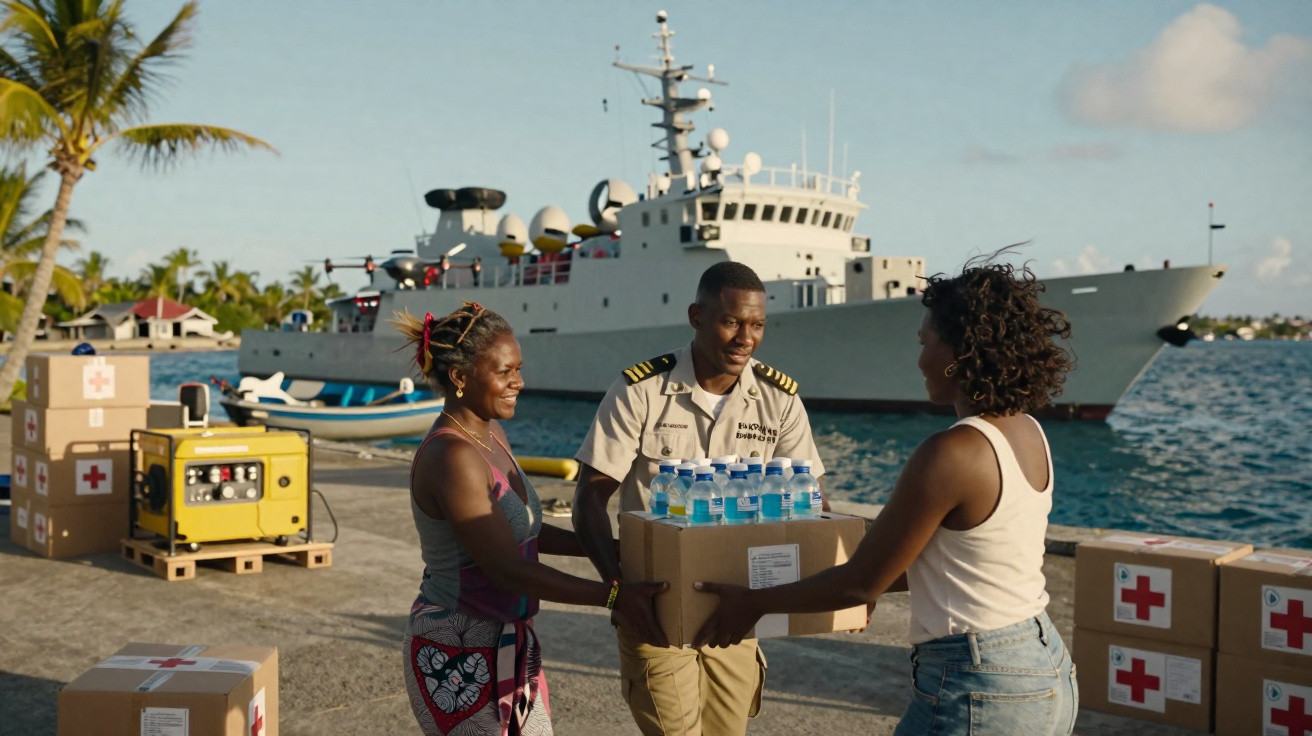 Drei Personen laden Hilfsgüter mit Wasserflaschen am Hafen neben einem Militärschiff aus.