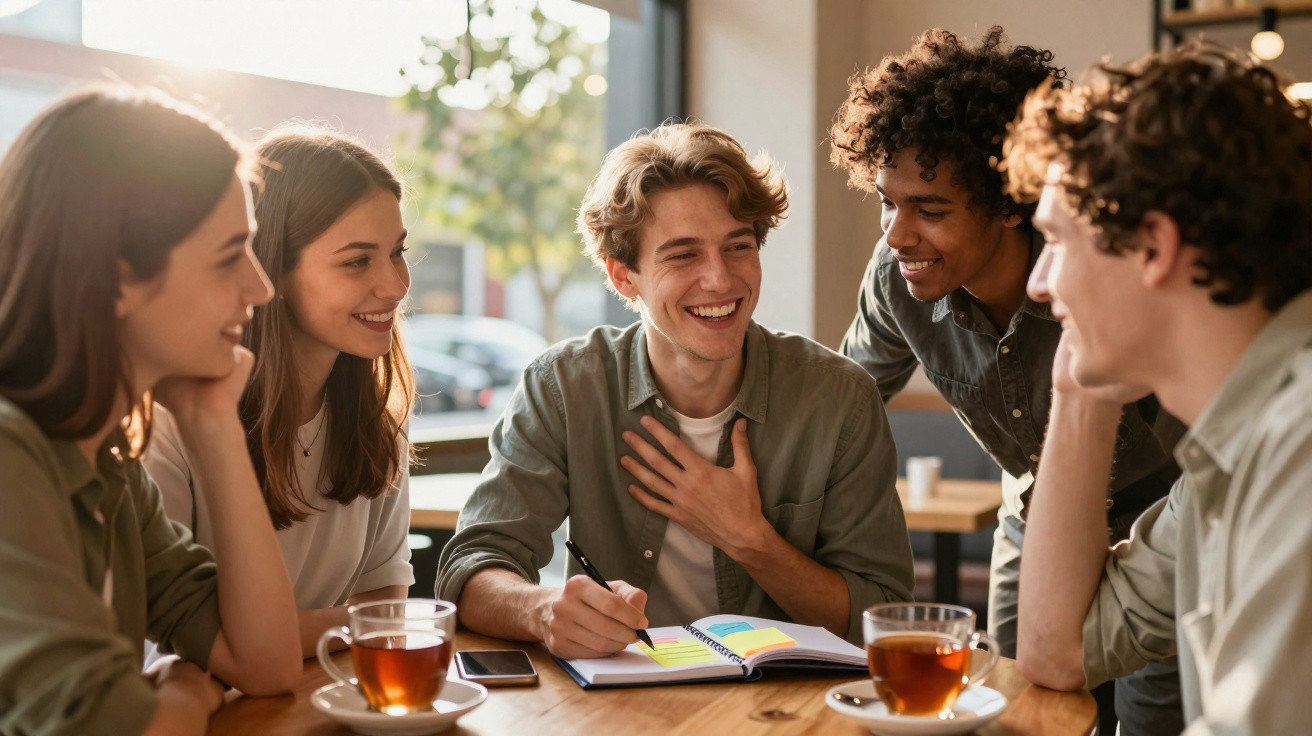 Fünf junge Menschen sitzen zusammen an einem Tisch, lachen und unterhalten sich bei Tee und Notizen.