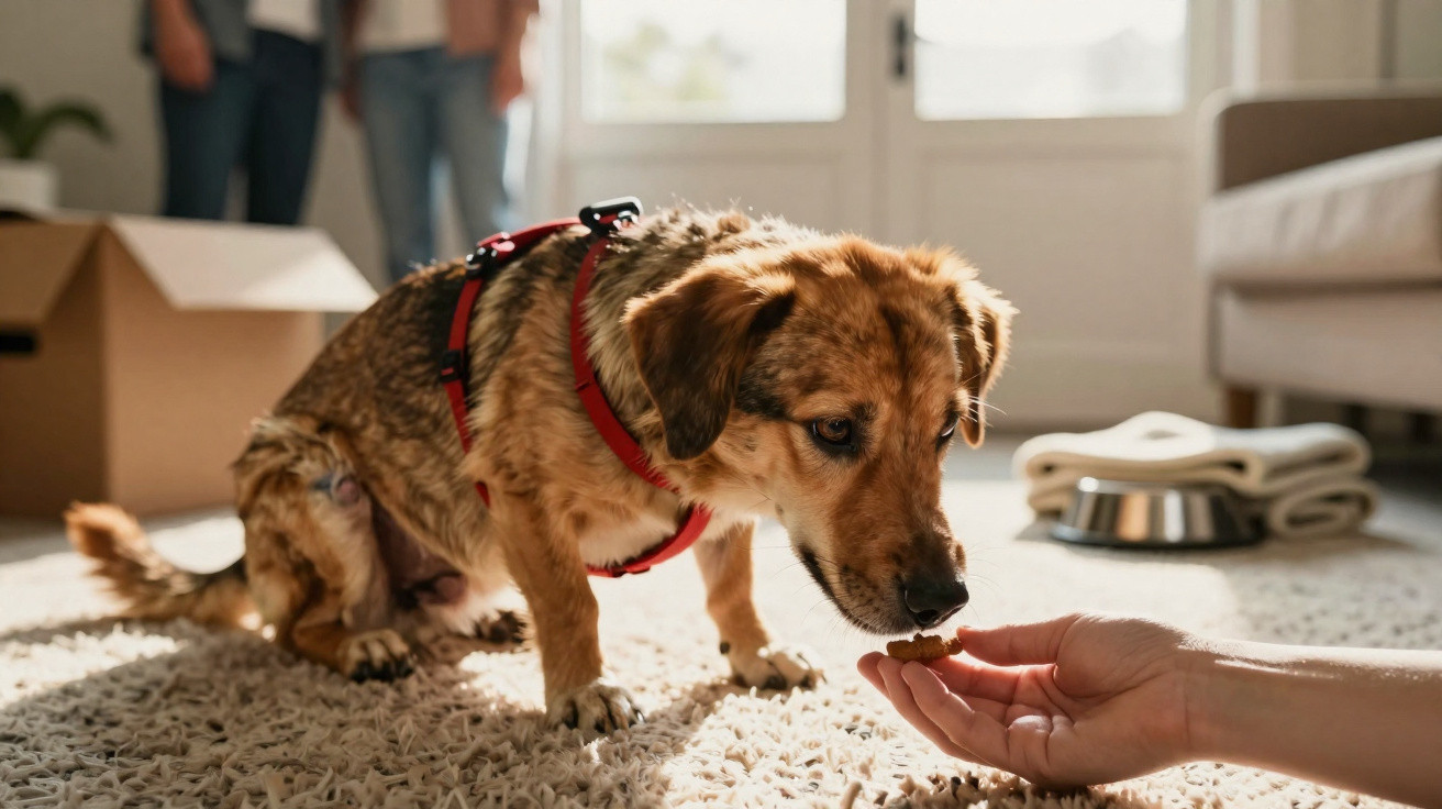 Hund mit rotem Geschirr erhält Leckerli von Hand in hellem Wohnzimmer auf Teppichboden.