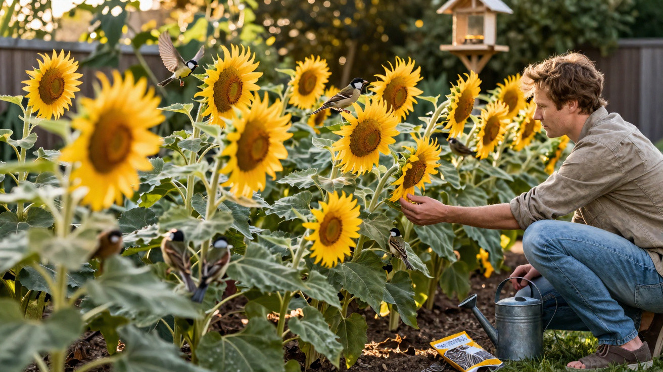 Mann kniet im Garten und betrachtet Sonnenblumen, während kleine Vögel auf den Pflanzen sitzen.