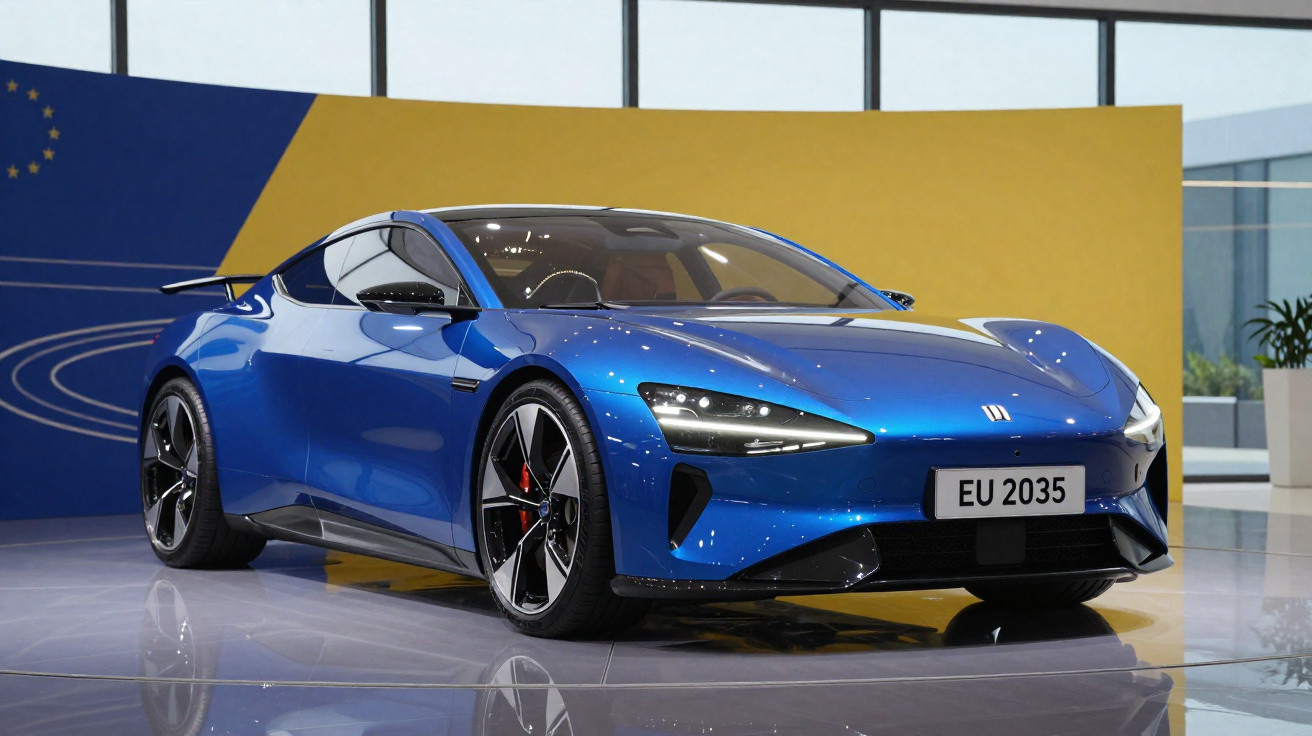 Blauer Sportwagen mit EU-Kennzeichen 2035 vor gelb-blauem Hintergrund in modernem Ausstellungsraum.