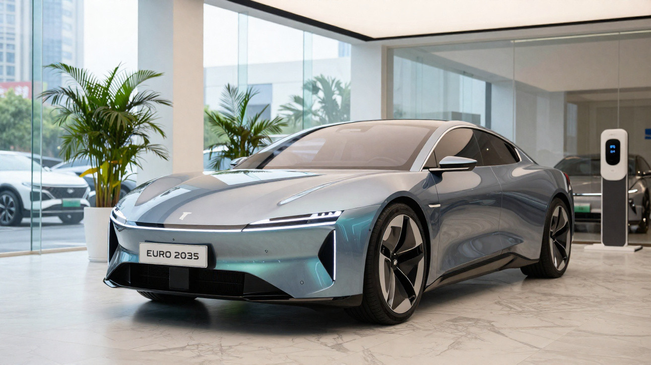 Futuristischer silberner Elektro-Sportwagen in einem modernen Showroom mit großer Glasfront und Pflanzen.