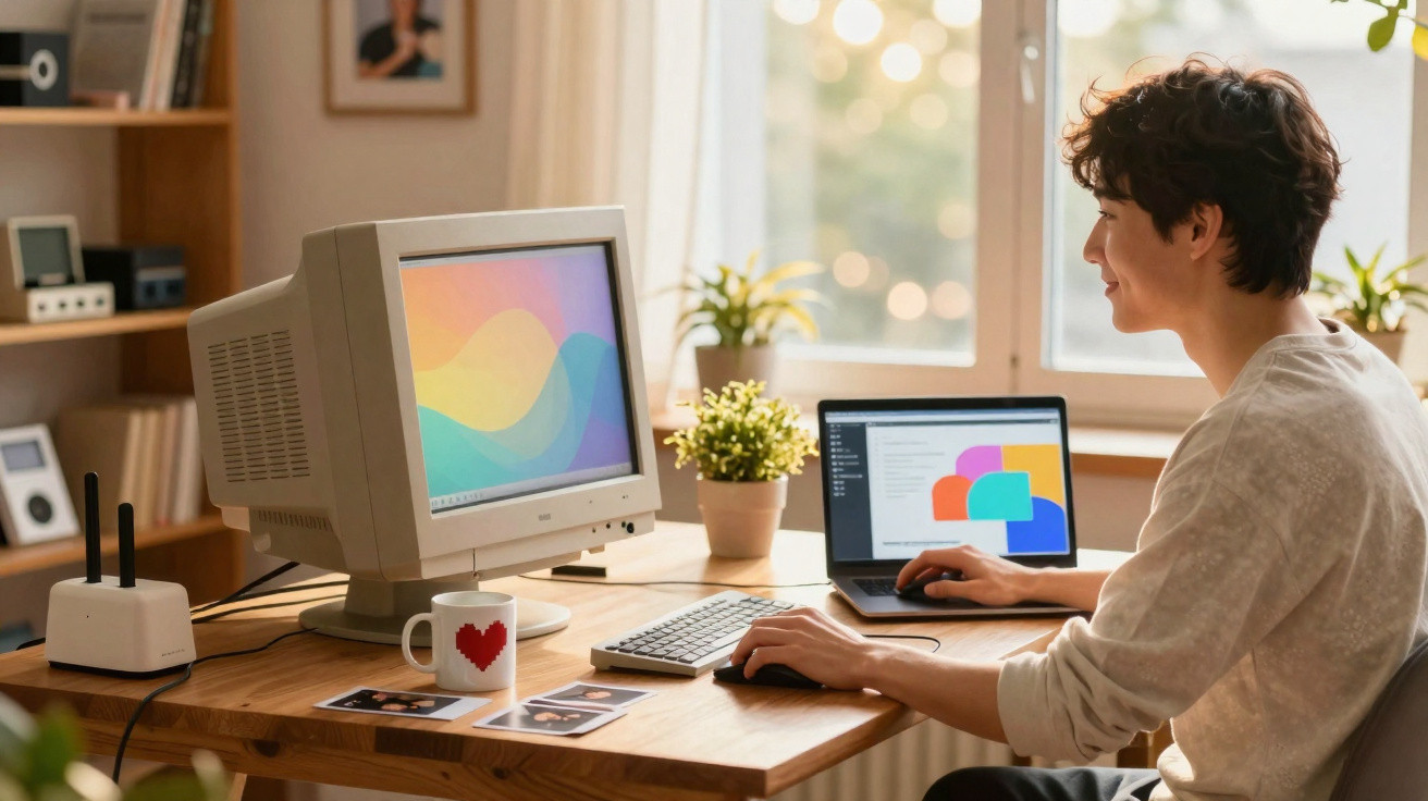 Person arbeitet an Schreibtisch mit Retro-Computer und Laptop vor Fenster, gemütlicher Raum mit Pflanzen und Büchern.