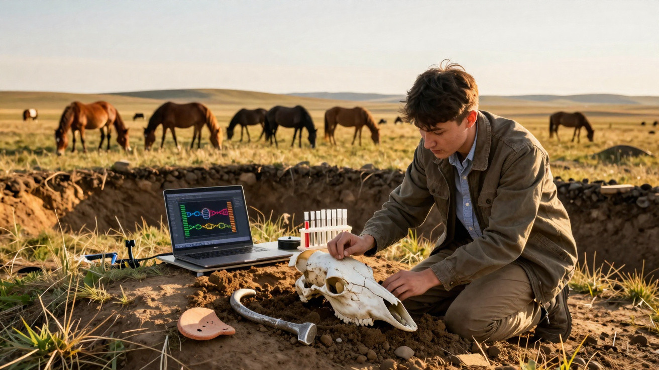 Junger Forscher untersucht im Freien ein Schädel-Fossil, Laptop mit DNA-Daten und Pferde im Hintergrund.