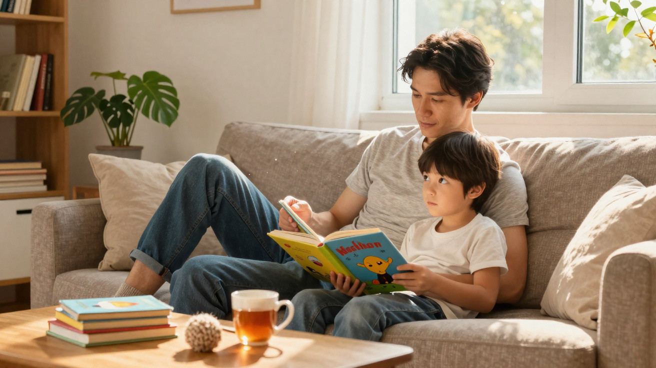 Vater liest mit Sohn auf dem Sofa ein Kinderbuch in hellem Wohnzimmer mit Pflanzen.