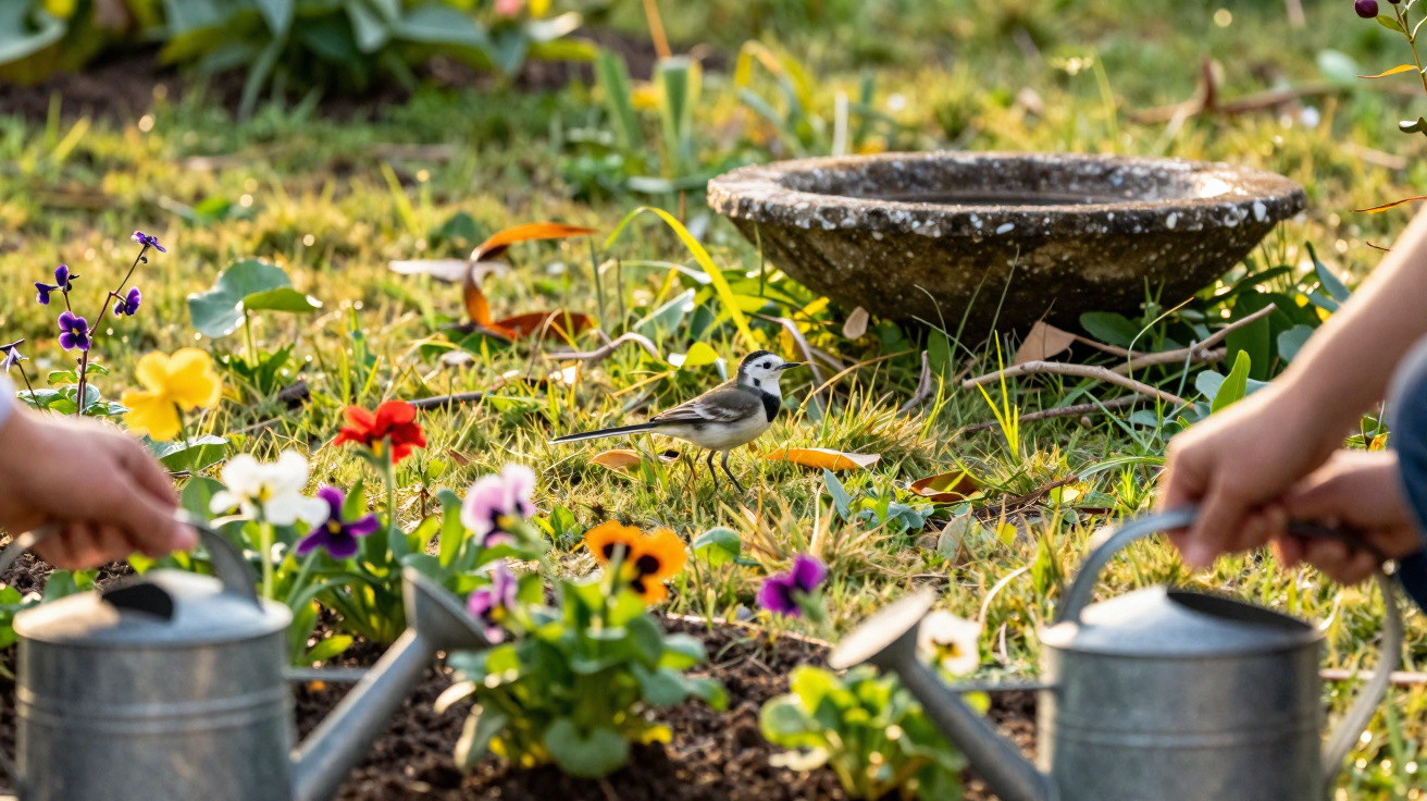 Ein bunter Garten mit Blumen, einem Vogel auf der Wiese und zwei Gießkannen in Kinderhänden.