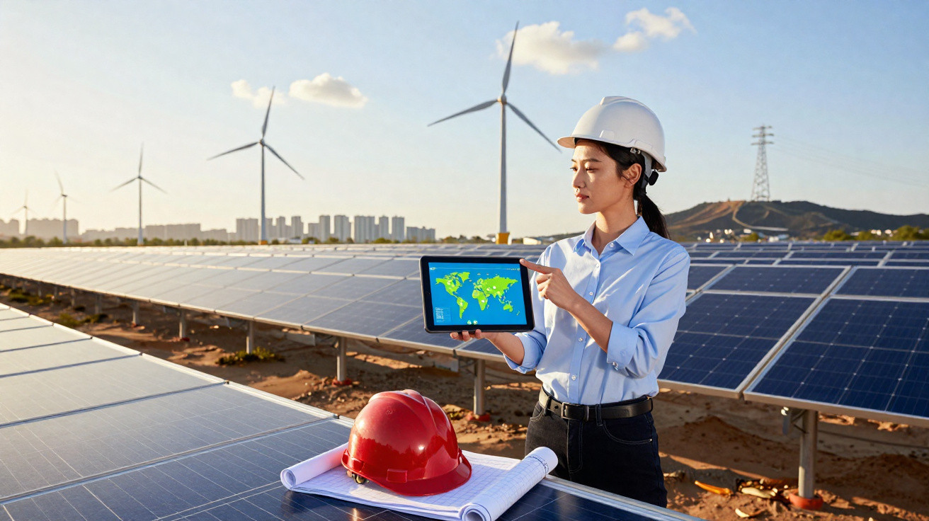 Ingenieurin mit Schutzhelm zeigt Weltkarte auf Tablet vor Solaranlagen und Windrädern bei Sonnenuntergang.