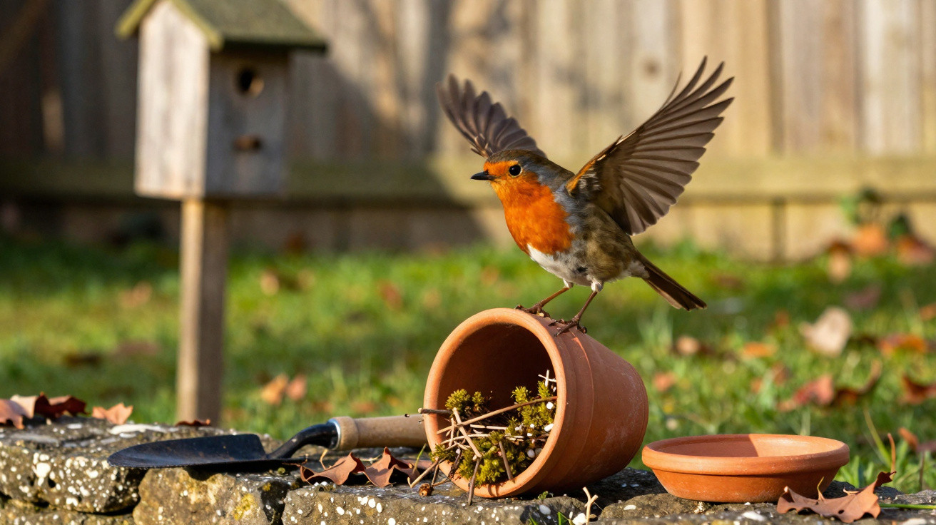 Rotkehlchen breitet Flügel über umgekipptem Blumentopf auf Gartenmauer mit Vogelhaus im Hintergrund aus.