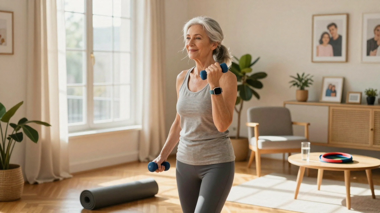Ältere Frau trainiert mit Hanteln in hellem Wohnzimmer mit Pflanzen und Yogamatte auf dem Boden.