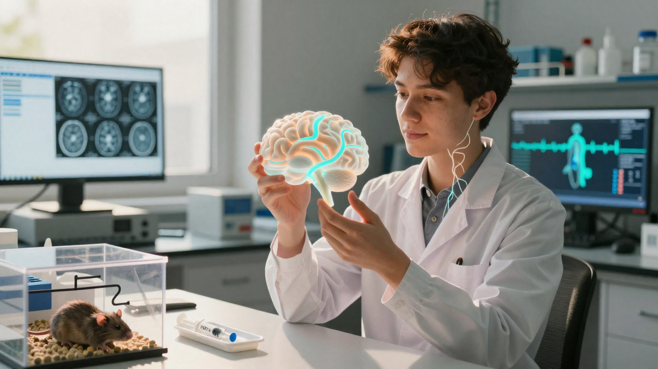Wissenschaftler im Labor betrachtet 3D-Modell eines Gehirns, mit Versuchstier und Gehirnscans im Hintergrund.
