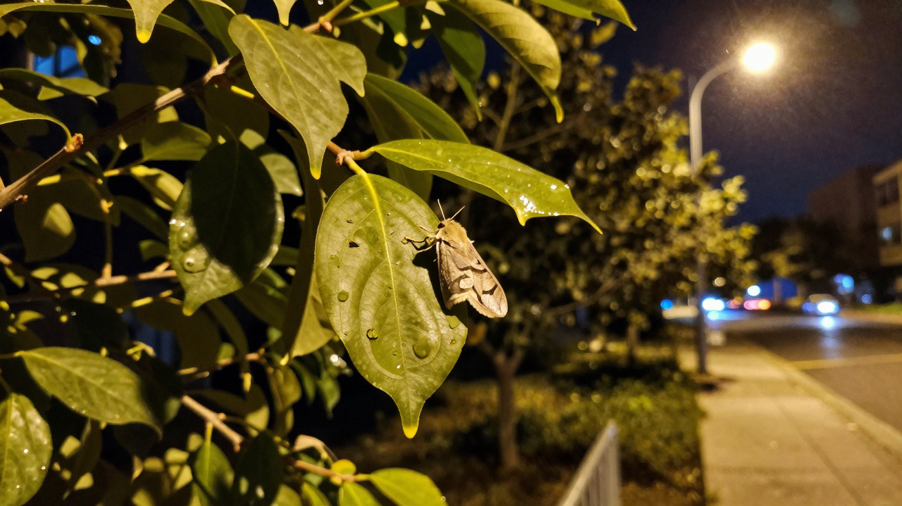 Nachtfalter auf einem nassen Blatt an einem Baum bei Straßenlaternenlicht in der Nacht.