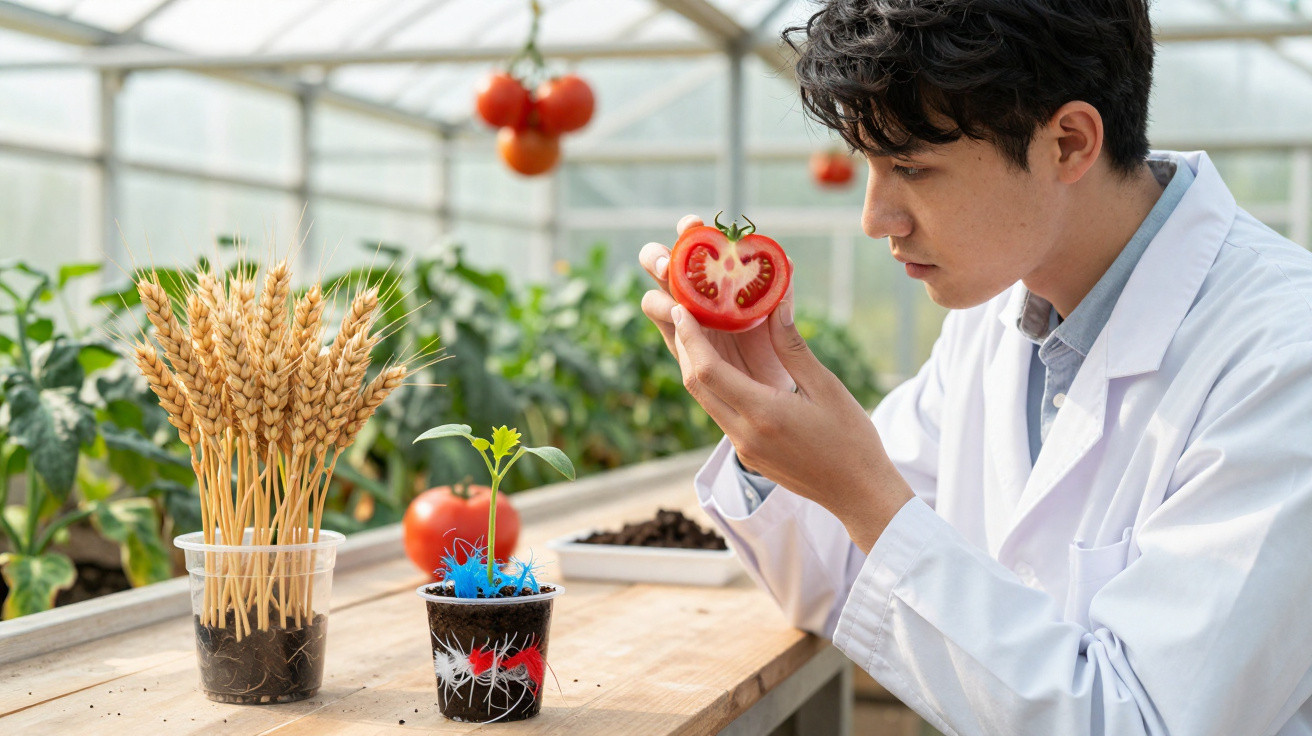 Wissenschaftler im Labor untersucht eine halbierte Tomate, auf dem Tisch Getreide und eine Tomatenpflanze im Topf.