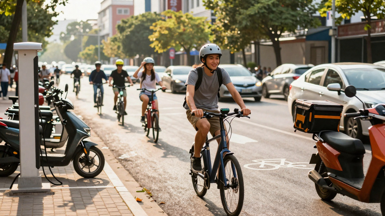 Mehrere Radfahrer mit Helmen fahren auf einer Straße in der Stadt bei Tageslicht.