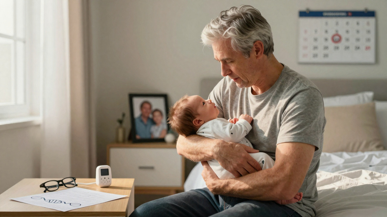 Älterer Mann hält Baby auf dem Arm, sitzend auf einem Bett in einem hellen Schlafzimmer.