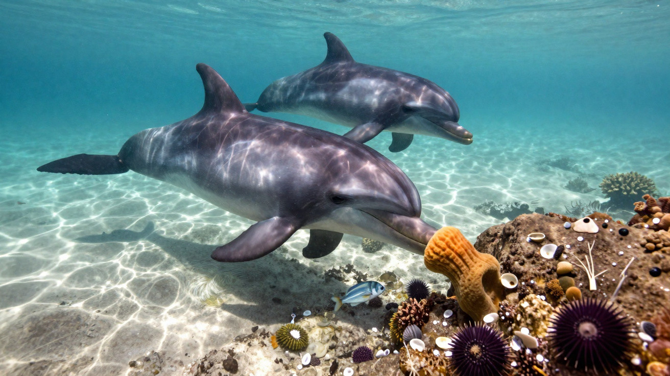 Zwei Delfine schwimmen in klarem Wasser über einem Korallenriff mit bunten Seeanemonen und Fischen.