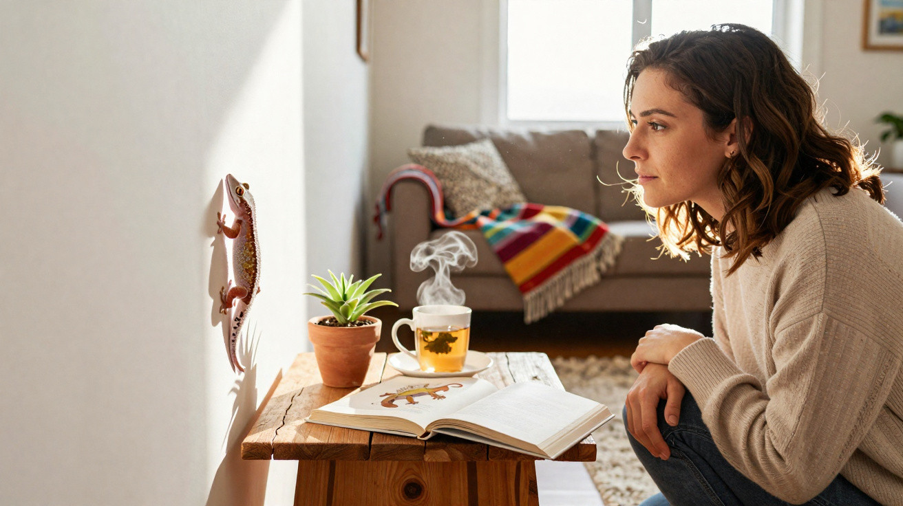 Frau beobachtet eine Eidechse an der Wand, auf dem Tisch ein Buch, Pflanze und dampfende Teetasse.