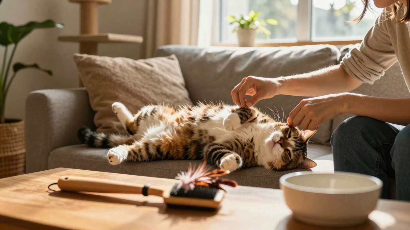 Person streichelt entspannten getigerten Katze, die auf dem Sofa liegt, im sonnendurchfluteten Wohnzimmer.